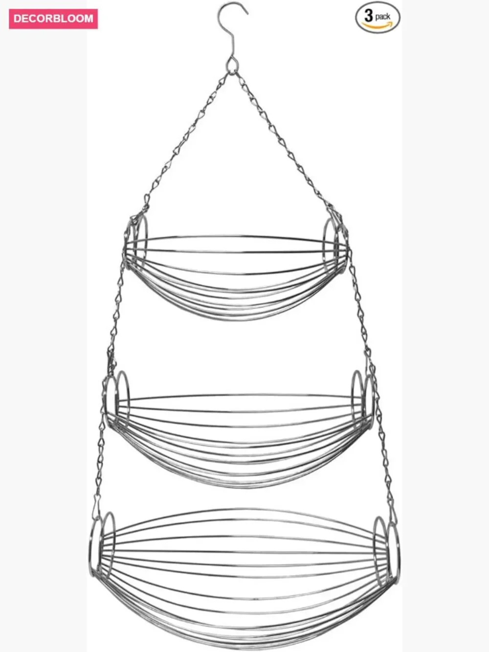 3 Tier Hanging Fruit Basket Chrome Wire Organizer